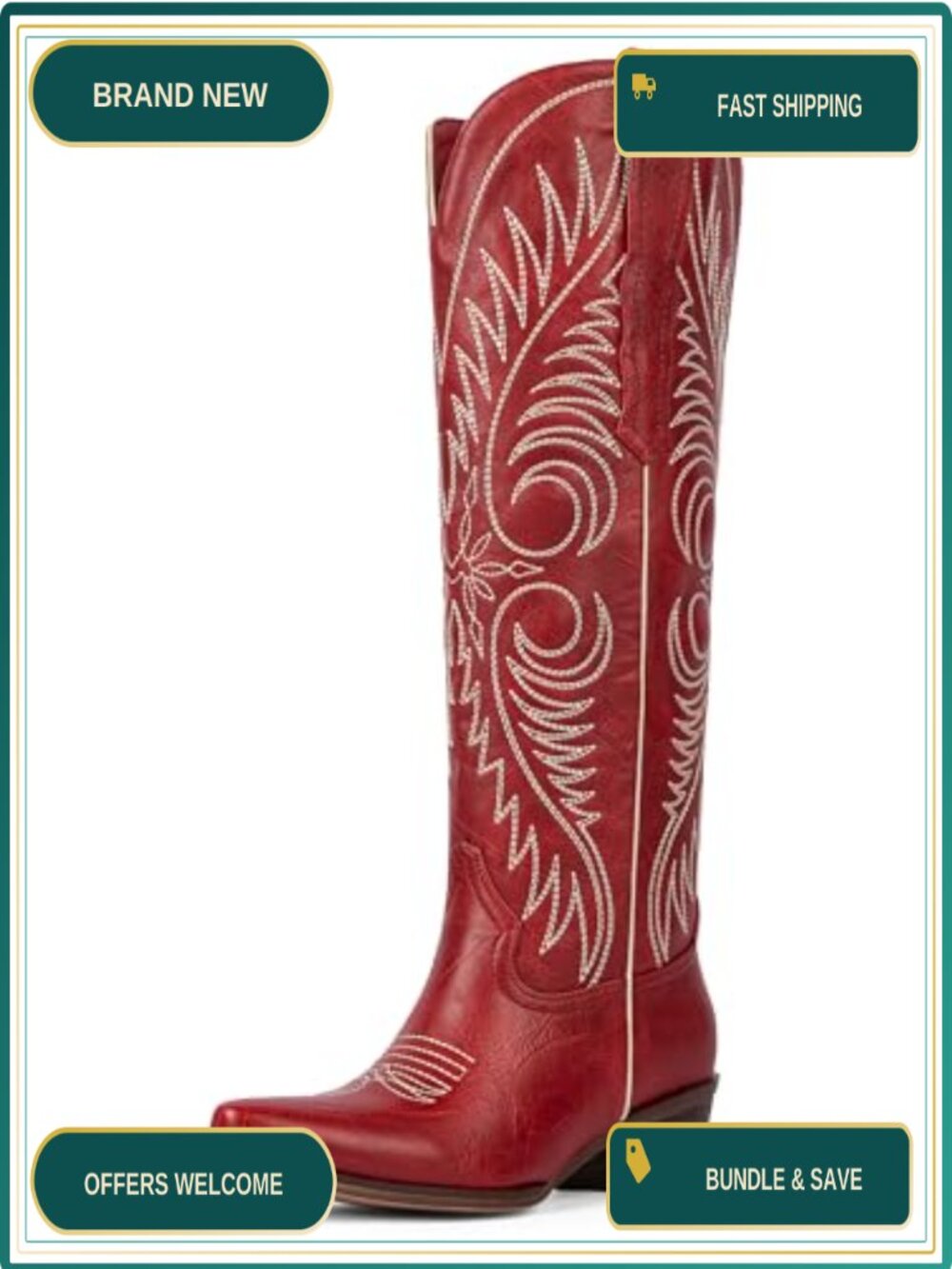 Women Knee High Cowgirl Boots Embroidered Block Heel Faux Leather Western Boots